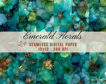 Papel digital com tinta à base de álcool esmeralda: Pacote de textura floral sem emendas