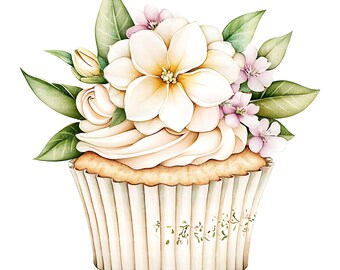 12 Floral Birthday Cupcake Clipart: Gardenia Watercolor Flowers