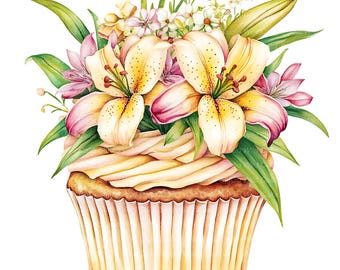 Lily Floral Birthday Cupcake Clipart - Watercolor Cake Digital Art