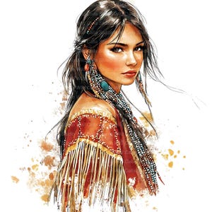 Op de afbeelding: Waterverfportret van een vrouw met lang donker haar, versierd met kralen oorbellen en een sjaal met franjes. Het kunstwerk heeft warme tinten rood, goud en turquoise, met een zachte, artistieke stijl. De afbeelding heeft de tekst "Calla Studio Wild".