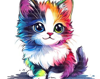 Quirky Kurilian Bobtail Cat Clipart, Whimsical Cartoon Kitten (12 JPG Files)