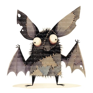 May include: A whimsical illustration of a bat with large, expressive eyes and patched wings. The bat's body is a patchwork of gray and beige squares, with visible stitching. Its wings are outstretched, and it stands on two thin legs.