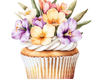 Freesia Floral Birthday Cupcake Clipart - Watercolor Cake Designs