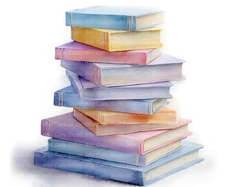 Watercolor Pastel Book Stack Clipart: 15 JPG Images for Scrapbooking