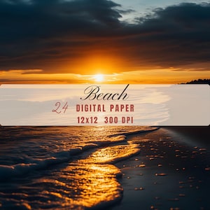 Può includere: Un set di carta digitale con una scena di spiaggia al tramonto. L'immagine mostra le onde dell'oceano che riflettono la luce dorata del sole. Il testo sull'immagine recita "Beach 24 DIGITAL PAPER 12x12 300 DPI".