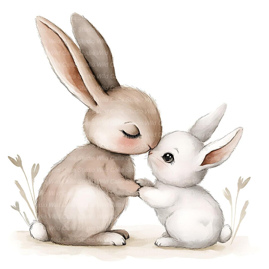 Mother Bunny and Baby Clipart, Watercolor Nursery Art (13 High-res Jpgs ...