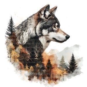 May include: A watercolor illustration of a wolf's profile, with a forest scene integrated into its form. The wolf has brown, gray, and white fur, with yellow eyes. The forest features autumn colors, including orange and brown trees, and evergreen trees.