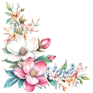Könnte beinhalten: Aquarell-Illustration eines floralen Eckdesigns mit weißen und rosa Magnolienblüten, Knospen und verschiedenen kleinen Blumen in Rosa, Blau und Gelb. Grüne Blätter und Stiele vervollständigen die Anordnung vor weißem Hintergrund.