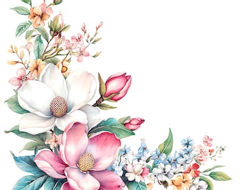 Set di clipart floreali ad angolo: bordi angolari di magnolia - arte acquerello pastello
