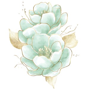 May include: A watercolour illustration of two large, light teal flowers with gold outlines and accents. The flowers have multiple petals and are surrounded by gold leaves and small gold flecks, set against a white background.