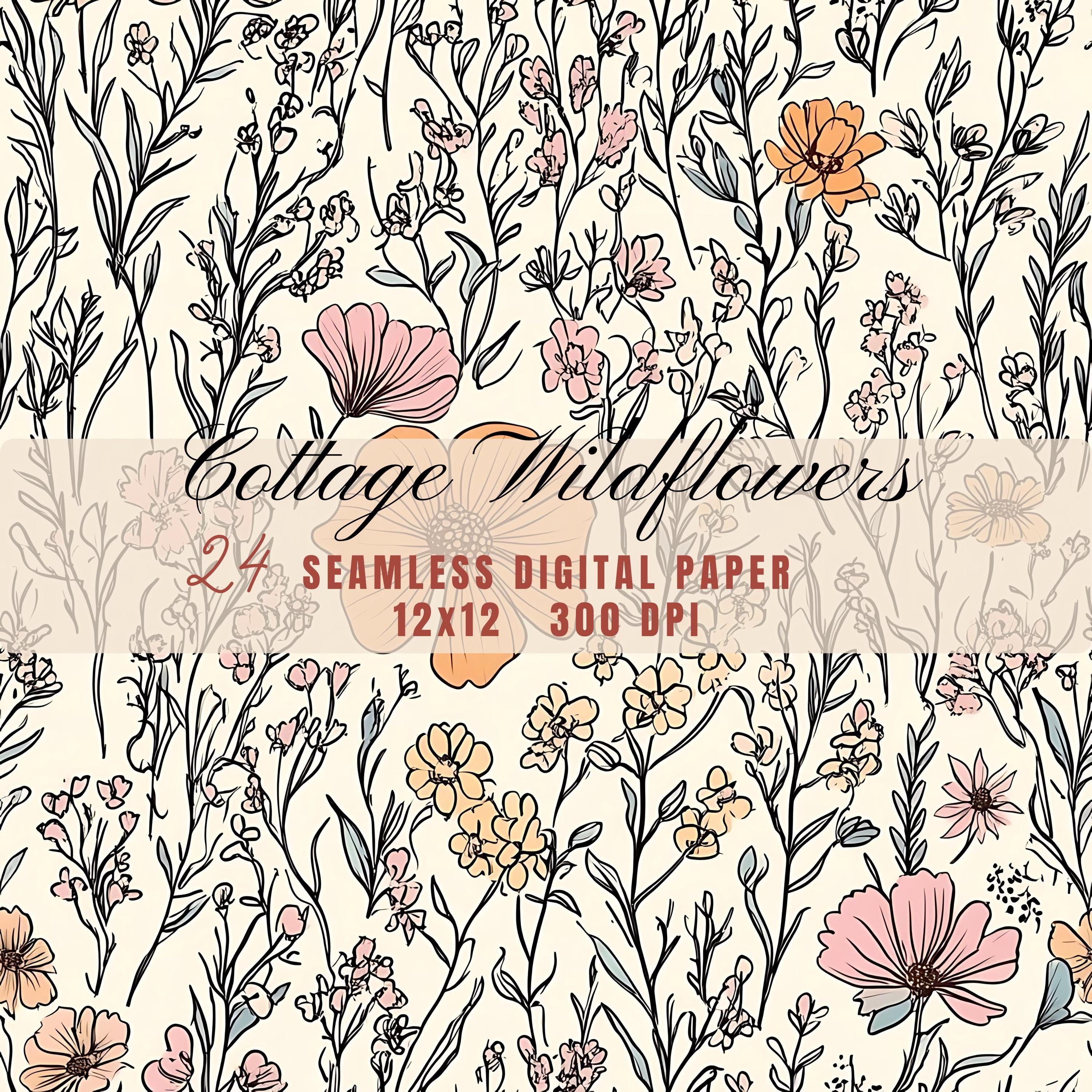 Rustic Cottagecore Wildflowers Pattern Digital Paper, Pastel Doodle Art ...
