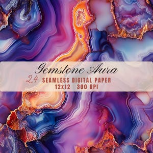 May include: Seamless digital paper with a gemstone design. The image features a blend of purple, blue, orange, and gold colors, with a marbled effect. The text "Gemstone Aura" and "24 Seamless Digital Paper 12x12 300 DPI" are displayed on the image.
