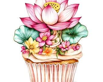 Floral Birthday Cupcake Clipart, Lotus Watercolor Cake (12 JPG Files)