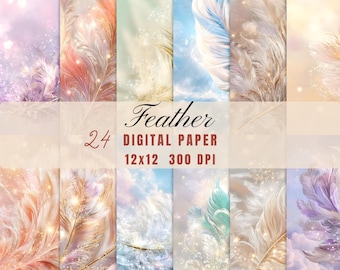 Pacchetto di carta digitale Feather: motivo etereo, 24 texture JPG / 12x12 pollici, 300 DPI, collage stampabile