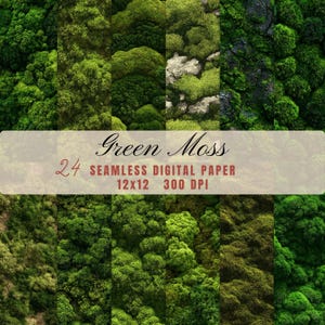 May include: A collage of green moss textures in various shades, from light to dark, creating a seamless digital paper design. The image includes the text "Green Moss" and details about the paper size and resolution.
