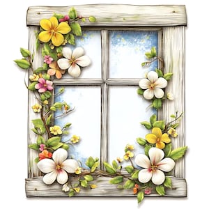 Könnte beinhalten: Ein dekorativer Holzfensterrahmen, verziert mit lebendigen Blumenarrangements. Das Design zeigt große weiße Blüten, gelbe Blüten und kleinere rosa und orangefarbene Blüten, alles vor einem sanften blauen Hintergrund. Grüne Blätter und zarte Zweige vervollständigen das von der Natur inspirierte Kunstwerk.