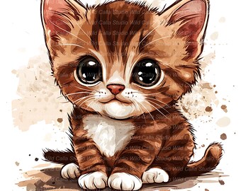 Whimsical Cat Clipart Set: Quirky Havana Brown Kittens - Watercolor Pet Digital Download