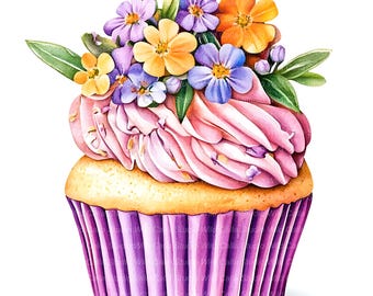 Verbena Floral Birthday Cupcake Clipart - Watercolor Cake Art Set