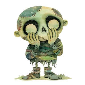 Puede incluir: Ilustración en acuarela de un personaje zombi con apariencia cosida. El zombi tiene una tez verde pálido, cuencas de ojos grandes y vacías y viste ropa remendada. El personaje está de pie sobre un trozo de hierba y lleva botas.