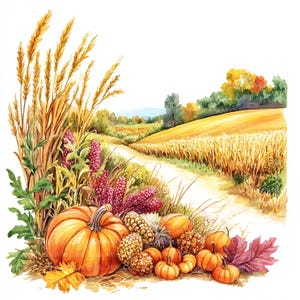 Pode incluir: Ilustração em aquarela de uma cena de colheita de outono. Uma grande abóbora laranja está entre abóboras menores, milho seco e folhas de outono coloridas. Altas espigas de trigo e um caminho sinuoso levam a um campo e árvores distantes.