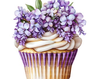 Birthday Cupcake Clipart: Wisteria Floral Watercolor - Digital Download