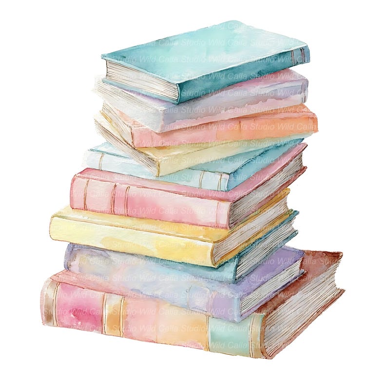 14 Watercolor Book Stack Cliparts: Pastel Junk Journal Art image 4