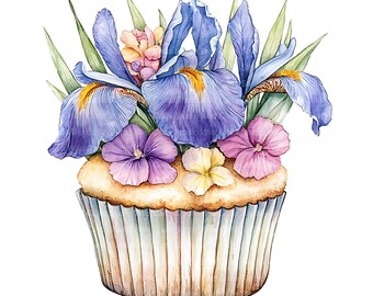 15 Iris Floral Birthday Cupcake Clipart: Watercolor Cake Flowers