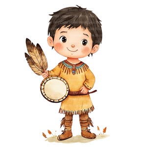 May include: A watercolour illustration of a cartoon Native American boy. He wears a tan tunic with fringe and holds a drum and feathers. The boy has brown hair and is smiling. The image has a white background.