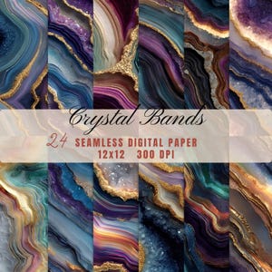 Peut inclure: Ensemble de papiers numériques avec 24 motifs sans couture, présentant des motifs d'agate et de cristal dans des tons de bleu, de violet, d'or et de turquoise. Le texte "Crystal Bands" et "12x12 300 DPI" sont visibles.