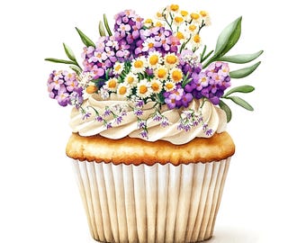 13 Yarrow Floral Birthday Cupcake Clipart: Watercolor Cake Art