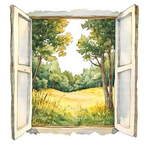 Può includere: Acquerello di una finestra aperta che incornicia un prato soleggiato e una foresta. La finestra è bianca con un aspetto leggermente invecchiato. Il paesaggio presenta alberi verdi, erba gialla e un cielo luminoso, evocando serenità.