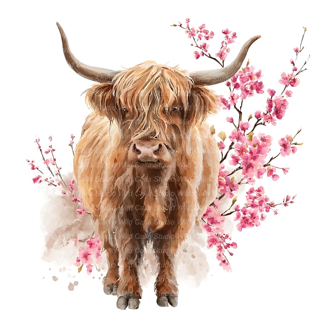 Highland Cow Watercolor Clipart - Spring Blossom, 14 JPG Files - Etsy