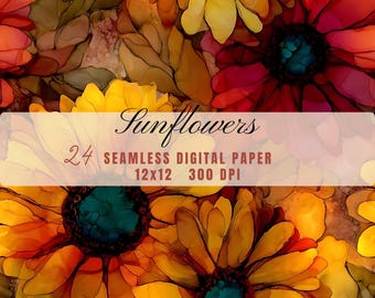 Alcohol Ink Sunflowers Digital Paper: Floral Seamless Backgrounds