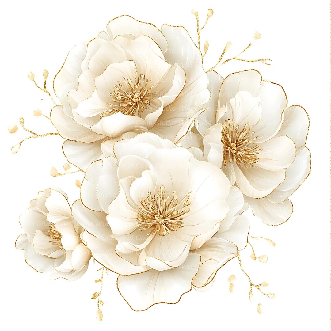 Flower Clipart Set: Cream and Gold Watercolor (16 Digital Images) - Etsy
