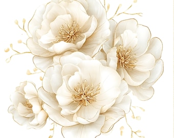 Conjunto de Clipart de Flores: Aquarela Creme e Dourada (16 Imagens Digitais)