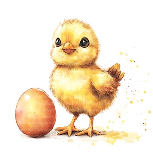 May include: A watercolour illustration of a fluffy yellow chick with large, dark eyes and an orange beak. Beside the chick is a brown egg. The chick is standing on its orange feet, with yellow paint splatters around it. The image has a soft, inviting feel.