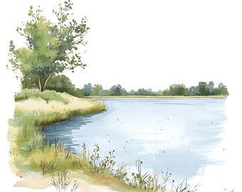 Watercolor Lake Clipart: Quiet Shoreline Scenes (14 JPG Download)