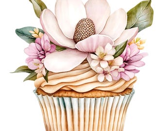 Birthday Cupcake Clipart: Magnolia Floral Watercolor (12 Digital Images)