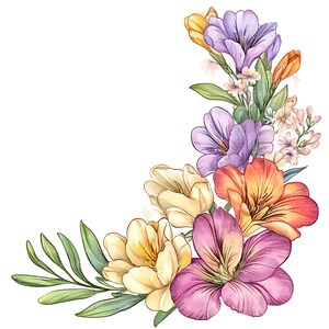 May include: A watercolor illustration of a floral arrangement featuring a variety of flowers in shades of purple, orange, yellow, and pink. Green leaves and small white flowers are also included in the design, set against a white background.