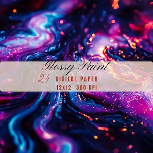 May include: Abstract digital paper with a swirling design in shades of blue, purple, and pink. The image includes the text "Glossy Paint", "24 DIGITAL PAPER", and "12x12 300 DPI". The overall theme is artistic and decorative.