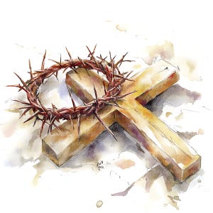 May include: A watercolour painting depicting a wooden cross and a crown of thorns. The cross is a light brown colour, and the crown is a deep reddish-brown. The background is a soft watercolour wash.
