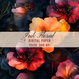 May include: Digital paper featuring a floral design with watercolor-style blooms in shades of red, orange, and pink, set against a dark teal background. The image includes gold accents and the text "Ink Floral" and "24 Digital Paper 12x12 300 DPI".