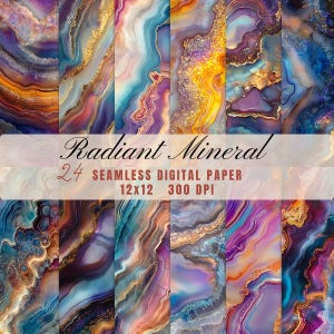 Puede incluir: Una colección de 24 papeles digitales sin costuras con un diseño mineral radiante. Los papeles presentan una variedad de colores, incluyendo azul, morado, dorado y naranja. Cada papel mide 30,48 x 30,48 cm y tiene una resolución de 300 DPI. Se muestra el texto "Radiant Mineral".