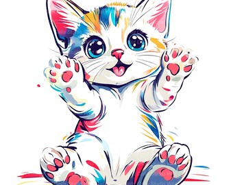 Japanese Bobtail Cat Clipart: Quirky Whimsical Cartoon - Graffiti Pet Kitten