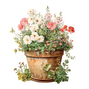Peut inclure: Illustration vintage d'un pot de fleurs débordant de fleurs colorées. L'arrangement présente des fleurs blanches, roses et rouges, avec un feuillage vert. Le pot est de couleur marron vieilli, ajoutant à l'esthétique antique.