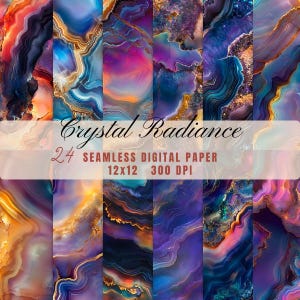 Könnte beinhalten: Eine Sammlung von 24 nahtlosen digitalen Papieren mit kristallartigem Aussehen. Die Papiere zeigen lebendige Farben wie Blau, Lila, Orange und Gold mit einem marmorierten oder achatartigen Muster. Der Text "Crystal Radiance" und "12x12 300 DPI" sind zu sehen.
