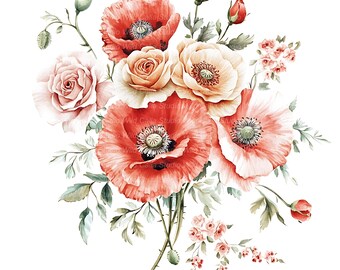Watercolor Floral Clipart Set - Poppies and Roses Bouquet