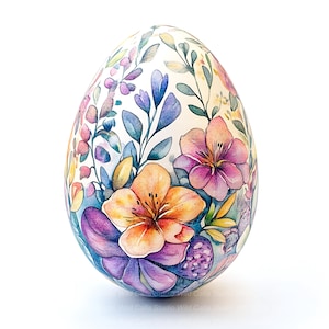 May include: A decorative egg with a floral design. The egg features watercolour-style flowers in shades of orange, purple, and pink, with green and blue leaves. The egg is set against a white background.