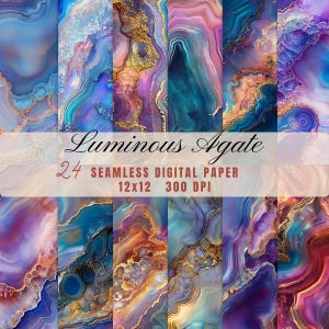 May include: A collection of 24 seamless digital papers with agate stone patterns. The papers feature swirling designs in shades of blue, purple, gold, and teal. The text "Luminous Agate" and paper specifications are displayed.