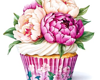 Floral Birthday Clipart, Peony Cupcake and Cake Art (12 JPG Images)